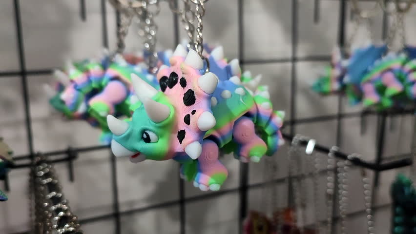 Objects keychains in form of models of toys colorful dinosaur printed on 3D printer from multi-colored molten plastic hanging on chain closeup. Concept 3D Printing. New 3D Printing additive technology