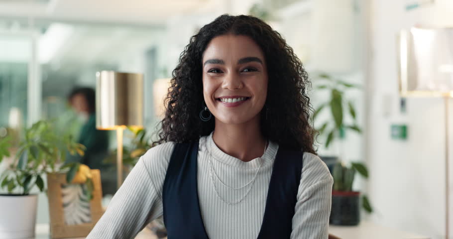 Face, job opportunity and smile with business woman in office for start of career or internship. About us, agency and excited with happy new employee in creative workplace for company development