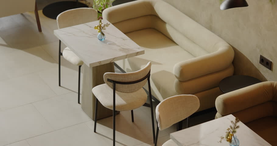 Inside Cozy Cafe Or Restaurant, Top View On Modern And Comfortable Furniture, Empty Tables