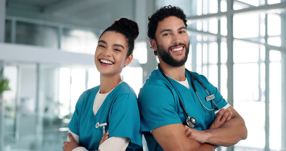 Doctors, man and woman at hospital with arms crossed, healthcare and face with services for wellness. People, surgeon and happy in portrait, career and support for cardiology at clinic in Costa Rica