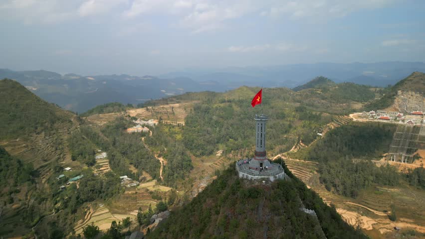 Aerial view of Lung Cu Flag Tower, a famous landmark in Ha Giang Province, Vietnam