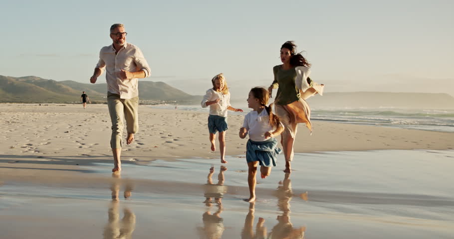 Parents, kids and run for fun on beach with racing game, energy and bonding of summer vacation. Family, children and playful with ocean activity, tropical holiday and travel adventure of getaway trip