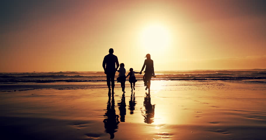 Family, silhouette and run with sunset on beach with holding hands, energy and bonding on vacation. Parents, kids and play with ocean activity, tropical holiday and travel adventure for getaway trip