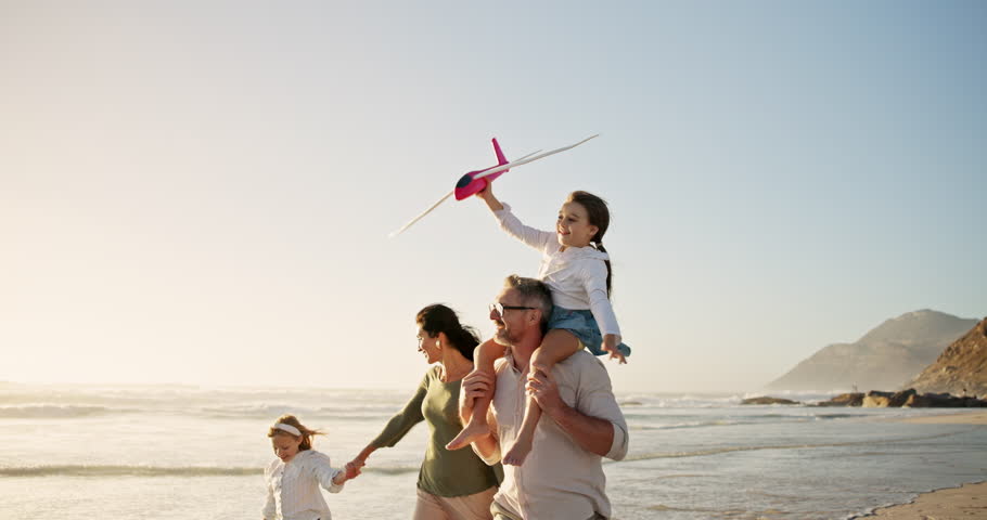 Parents, children and toy plane at beach, happy and playful with bonding, summer and mockup space in sky. People, mom and dad with kids, games and fun with flight, airplane and holiday in Australia
