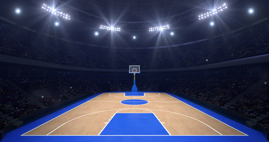 Spectacular basketball wooden court ready for match in a sports hall full of spectators, professional basketball 4k animation as endless loop background.