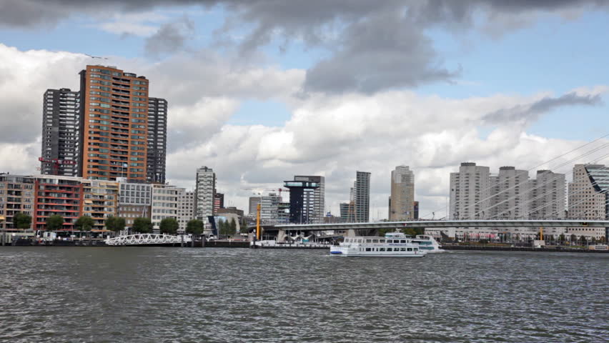 Two walking motor ships floats  towards each other down the river Maas, Rotterdam, Holland