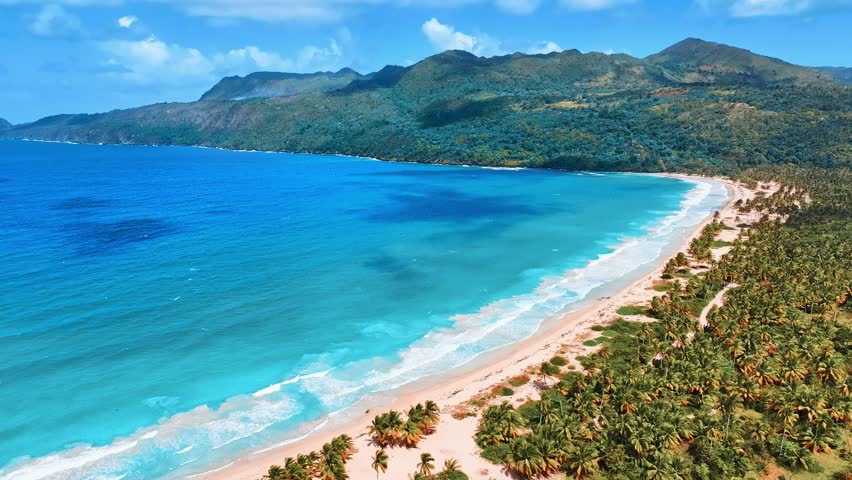 Aerial view of Hawaiian island beach with palm grove. Turquoise ocean against blue sky with clouds on a sunny summer day. Big sea waves on the sand. Perfect scenery for a relaxing holiday.