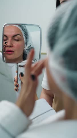 Beautician and patient looking in the mirror. Beauty and health care for a woman's face. High quality 4k footage