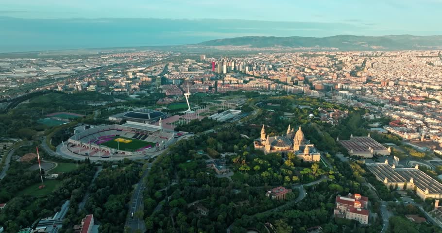 Aerial View of National Museum of Art of Catalonia in Barcelona Scenic Cityscape and Historic Architecture in Spain. High quality 4k footage
