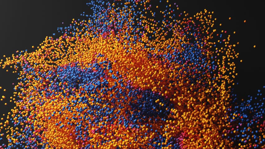 3d render of abstract loop art video animation with 3d small particles in orange, red, purple, and blue color