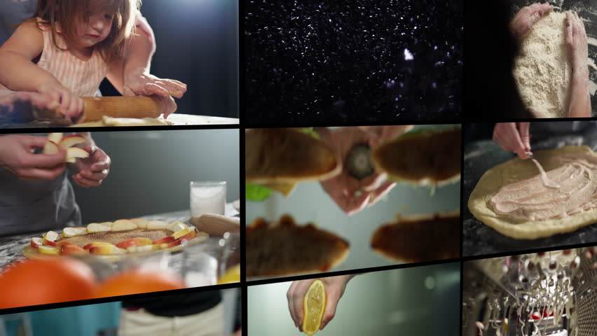 Collage video lifestyle chef in the home kitchen. Food preparation processes by people are different from food products. High quality 4k footage