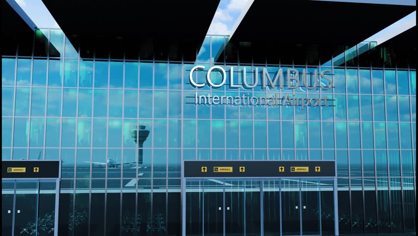 Airlane landing at Columbus, USA. Arrival in the city with reflection of airport and aircraft.