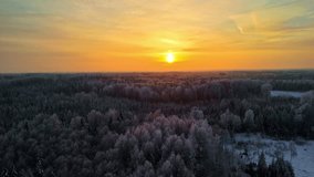 Aerial backward shot of snowy landscape at sunset casting warm, golden glow across the sky. - Powered by Shutterstock - Get 15% off with code: PIKWIZARD15