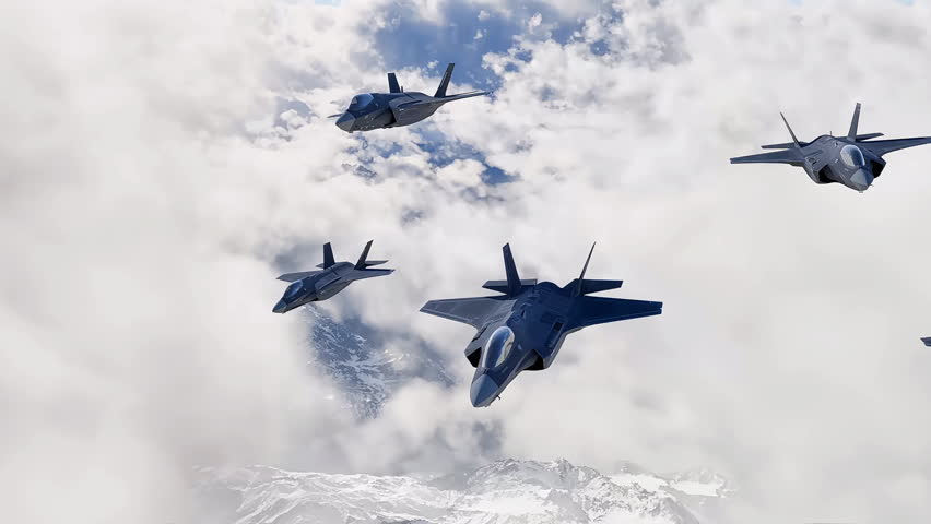 A squadron of advanced fighter jets flying in tight formation through dramatic cloud cover above snow-covered mountains.