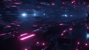 Fly through technology cyberspace with neon glow. Sci-fi flight through hi-tech technology tunnel. Hologram and neon light. metal blocks in the air. 3d looped seamless 4k bright. 3D Illustration - Powered by Shutterstock - Get 15% off with code: PIKWIZARD15