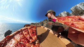 Man and Woman Taking Slices of Pepperoni Pizza from an Open Box with a Scenic Ocean View, Captured from a Unique Wide-Angle Perspective Under a Bright Sun - Powered by Shutterstock - Get 15% off with code: PIKWIZARD15