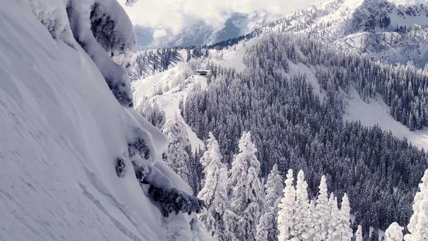 Landscape wide shot tilting up to reveal a stunning snowy rocky mountain range covered in pine trees from Brighton Ski Resort in Utah, USA on a sunny winter day with skiers below on a ski path