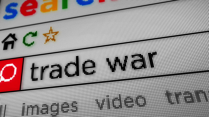 Trade war tariffs and protectionism text typing on browser screen. Searching internet with monitor pixel display macro view.