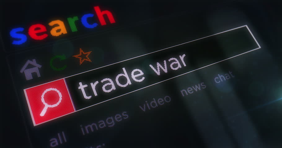 Trade war tariffs and protectionism text typing on browser screen. Searching internet with monitor pixel display macro view.