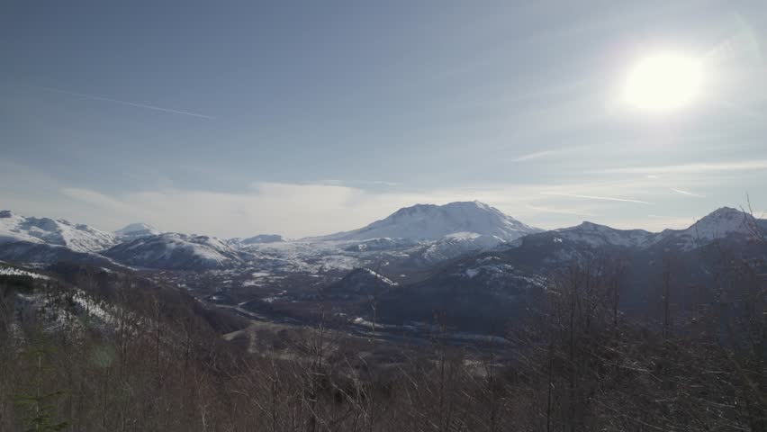 Snow-covered Seaquest Park near Mount St. Helens, Washington, captured by drone in winter