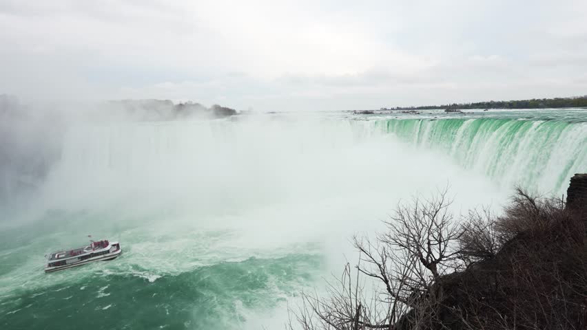 Wide view of Niagara Falls with boat on the river