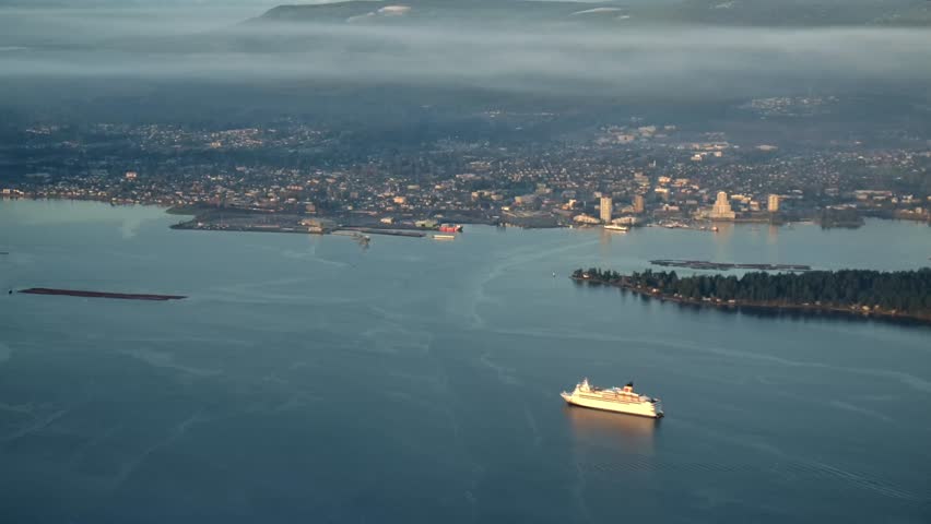 Cruise Ship Sailing to the Port of Nanaimo, BC and Landscape AERIAL