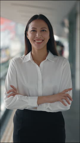 Vertical Video. Portrait of Stylish Young Business Female Standing Outside and Posing with Crossed Hands Inside the Office. Stunning It Worker Indoor with Crossing Arms Looking at the Camera