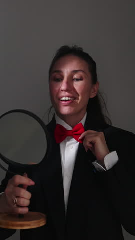 woman with red bow on neck looking in mirror. female in white shirt and black jacket representing masculinity.girl talking to someone arranging now.semi light in room, artificial illumination.
