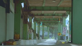 A worn-down underpass with rusted green steel beams, traffic signals, and restricted pedestrian access signs in an industrial urban environment. - Powered by Shutterstock - Get 15% off with code: PIKWIZARD15