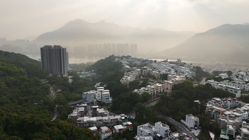 Aerial view of exclusive gated luxury housing development in the New Territories, Hong Kong.
