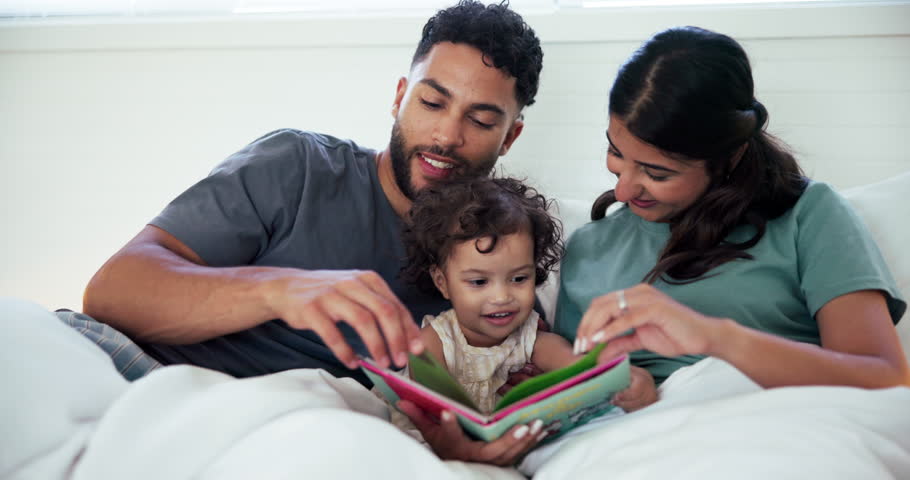 Home, parents and baby with book, love and bonding together with smile, relax and hobby. Family, mother and father with happiness, learning and growth with child development, care and literature