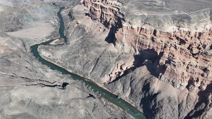 A view from a quadcopter of the Charyn River in the Valley of Castles area of ​​the Charyn Canyon in the Almaty region in southeastern Kazakhstan
