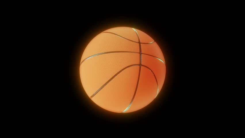 Vibrant spin of a basketball, radiating orange glow with blue lines, enchants on a dark canvas. Suitable for game teasers or sports branding