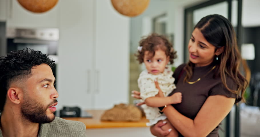 Love, woman and kiss family goodbye in morning for greeting, relationship or leaving for work. Home, affection or mom with baby to dad for bonding, security and connection with support, care or trust