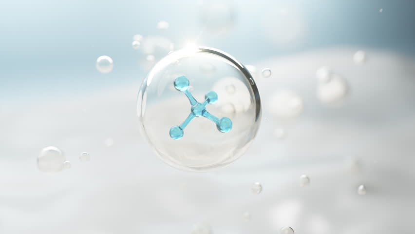 3D animation of a hyaluronic acid molecule encapsulated in a serum bubble, representing deep hydration, elasticity, and advanced skincare technology for beauty and wellness.