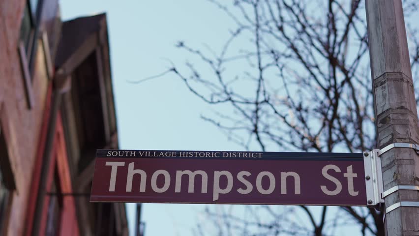 A clear view of the Thompson Street sign is framed by a lively neighborhood in a vibrant urban setting