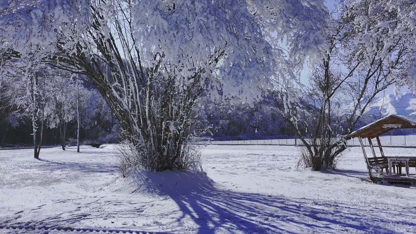 A serene winter scene captured by a drone, showcasing a humble and cozy gazebo nestled under snow-laden trees. The bright sun illuminates the distant snow-capped peaks, creating a breathtakingly pictu