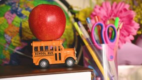 Teacher Appreciation Week school banner. End of school year or first day of school concept. School bus with apple, globe and pencils - Powered by Shutterstock - Get 15% off with code: PIKWIZARD15