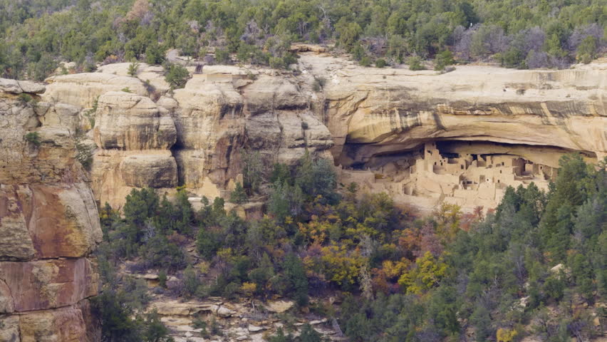 Cliff Palace during the day built by the Ancestral Puebloans in Mesa Verde National Park, Montezuma County, Colorado, USA, pan shot
