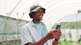 Happy, black man and farmer with phone in greenhouse for conservation, agriculture or communication. Male person, African environmentalist or smile with mobile smartphone for agro business or app - Powered by Shutterstock - Get 15% off with code: PIKWIZARD15