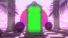 4K Antique mirror stands among columns and palm trees. Rich mirror with chromakey. Retro background with checkerboard floor, columns and purple sky. Pink and purple shades. Looping animation. - Powered by Shutterstock - Get 15% off with code: PIKWIZARD15