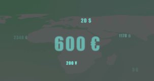 Animation of global currency symbols overlaying world map with digital theme. Finance, economy, technology, forex, trade, international - Powered by Shutterstock - Get 15% off with code: PIKWIZARD15