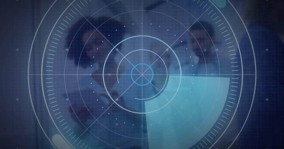 Radar interface animation over diverse professionals collaborating in modern office. Technology, teamwork, collaboration, innovation, diversity, digital