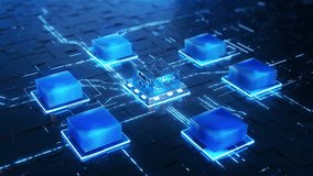 A glowing computer chip on a futuristic motherboard, a high-tech holographic computer circuit board, 3D render of circuit board chip with glowing neon lights. - Powered by Shutterstock - Get 15% off with code: PIKWIZARD15