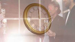 Clock face animation over diverse business people toasting with champagne glasses. Celebration, teamwork, success, diversity, cooperation, achievement - Powered by Shutterstock - Get 15% off with code: PIKWIZARD15