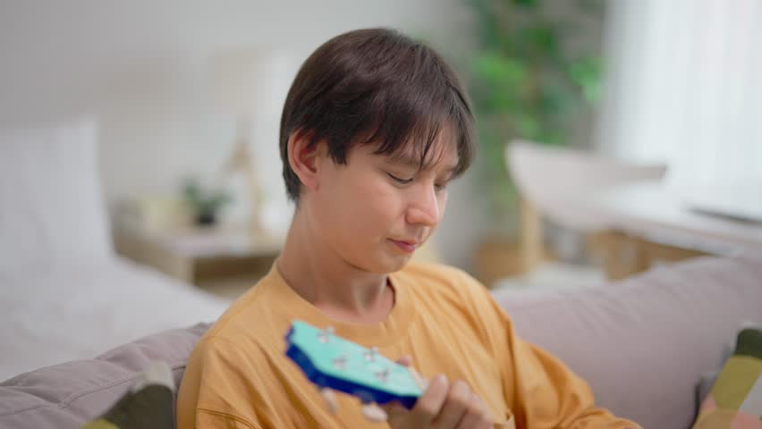 Asian mature gay sitting on sofa and playing an ukulele in house. Attractive young male lgbt guy spend free leisure time using instrument and singing song in living room at home with happiness.
