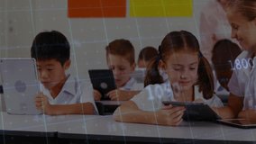 Children using tablets in classroom with data processing animation overlay. Technology, education, digital, learning, innovation, interactive - Powered by Shutterstock - Get 15% off with code: PIKWIZARD15