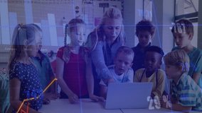 Teacher guiding diverse children with laptop, financial data animation overlay. Education, technology, guidance, learning, diversity, finance - Powered by Shutterstock - Get 15% off with code: PIKWIZARD15