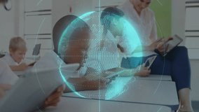 Children using tablets in classroom with digital globe animation overlay. Technology, education, digital learning, innovation, students, interactive - Powered by Shutterstock - Get 15% off with code: PIKWIZARD15