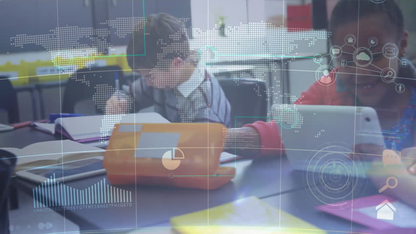 In school, children using tablet with animation and digital technology overlay. Education, learning, classroom, innovation, future, students - Powered by Shutterstock - Get 15% off with code: PIKWIZARD15